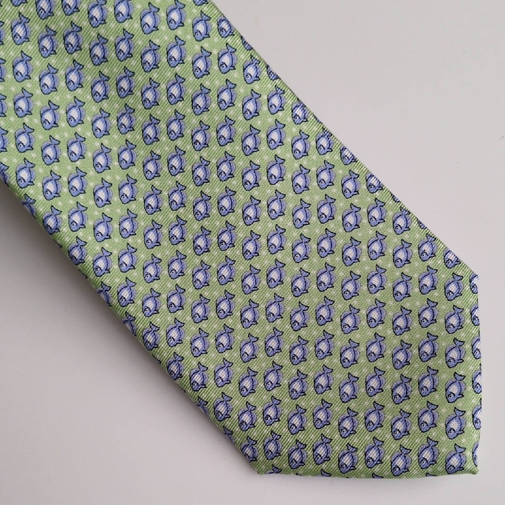 Tommy Hilfiger Fish Pattern 100% Silk Neck Tie - Green & Blue